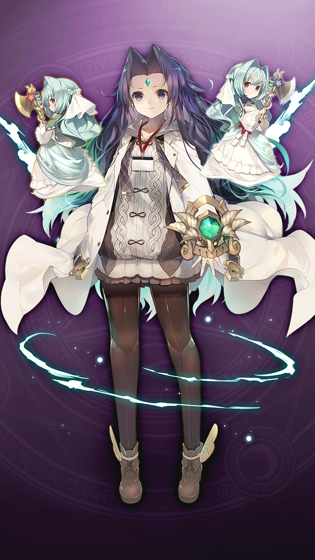 3girls, aesop_(grimms_notes), aqua_hair, aqua_pupils, axe, blue_eyes, blue_hair, brown_pantyhose