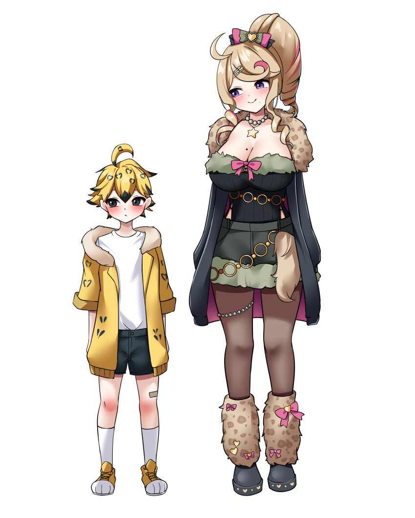 1boy, 1girl, absurdres, afairlybigfella, ahoge, animal_print, bandaid, bandaid_on_leg