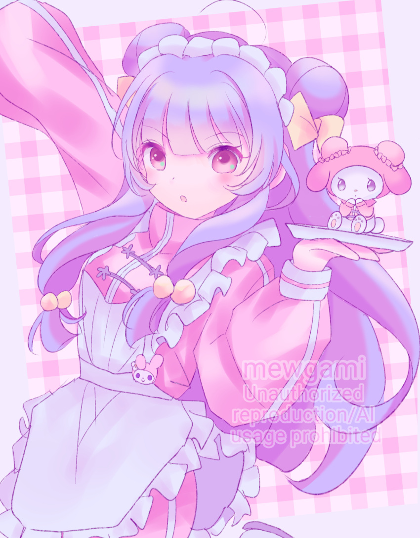 2girls, apron, artist_name, bow, chinese_clothes, double_bun, hair_bow, hair_bun