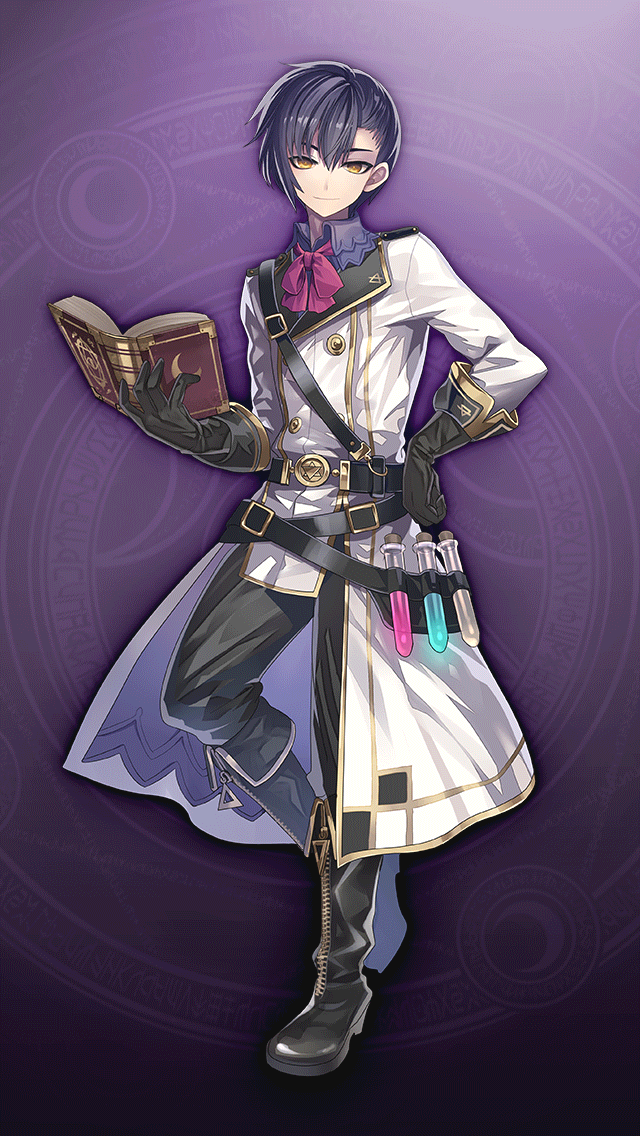 1boy, belt, black_belt, black_boots, black_pants, book, boots, bun-o, buttons, closed_mouth, coat, full_body, gold_buttons, grimms_notes, hair_between_eyes, hand_on_own_hip, hand_up, holding, holding_book, looking_at_viewer, male_focus, non-web_source, official_art, open_book, pants, paracelsus_(grimms_notes), purple_background, short_hair, smile, solo, test_tube, white_coat, yellow_eyes