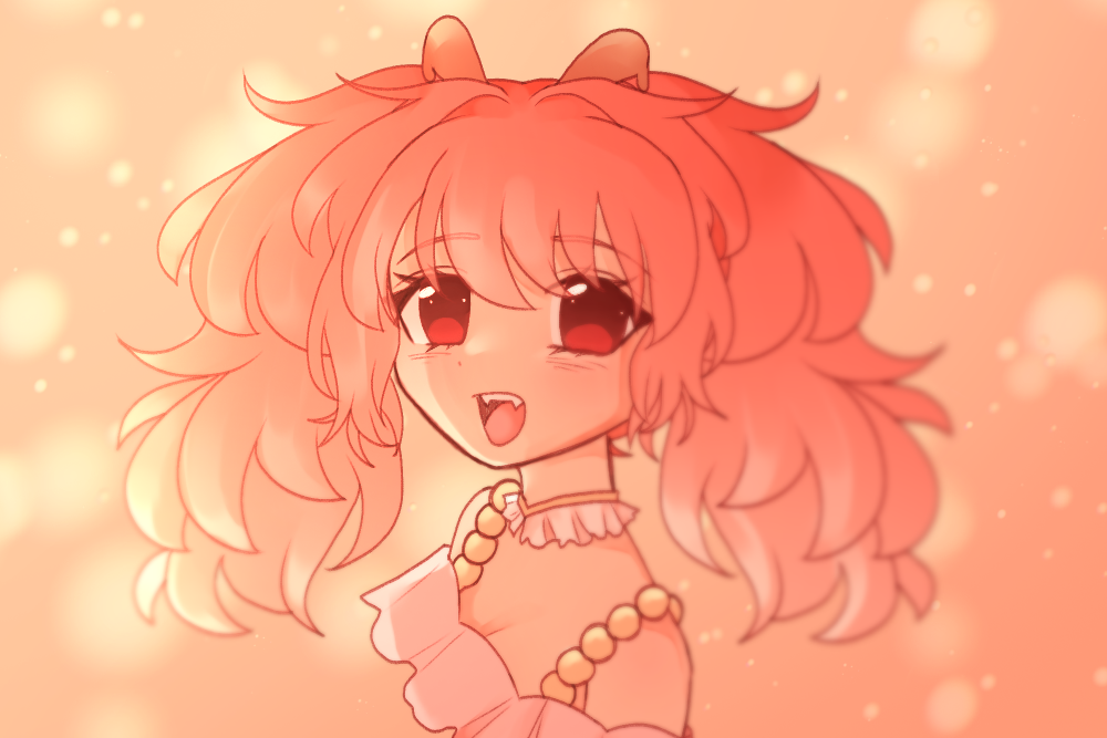 1girl, :d, bonnibelle, bonnibelle_amai, bonnibelle_amai_(rebirth), brown_eyes, detached_collar, fangs
