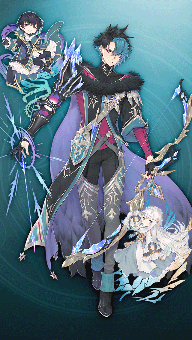 1girl, 2boys, aqua_background, baron_munchausen_(grimms_notes), black_boots, black_gloves, black_hair, black_pants, blue_eyes, boots, bow_(weapon), cape, chibi, detached_sleeves, familiar, floating, fur_trim, game_asset, gloves, green_eyes, green_hair, grimms_notes, grin, half_gloves, holding, holding_bow_(weapon), holding_weapon, ice, ice_spikes, long_sleeves, looking_at_viewer, mini_person, miniboy, minigirl, multicolored_hair, multiple_boys, natsuhiko, non-web_source, official_art, pants, partially_fingerless_gloves, red_shirt, shadow_master_andersen_(grimms_notes), shaman_of_the_mirror_(grimms_notes), shirt, smile, spiky_hair, split-color_hair, teeth, v-shaped_eyebrows, weapon, wide_sleeves