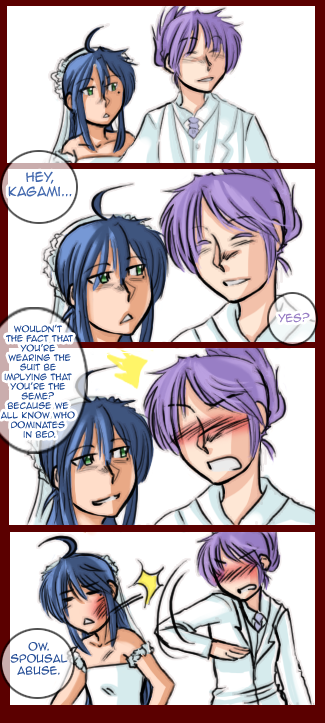 2girls, 4koma, =_=, antenna_hair, blue_hair, blush, hiiragi_kagami, hit