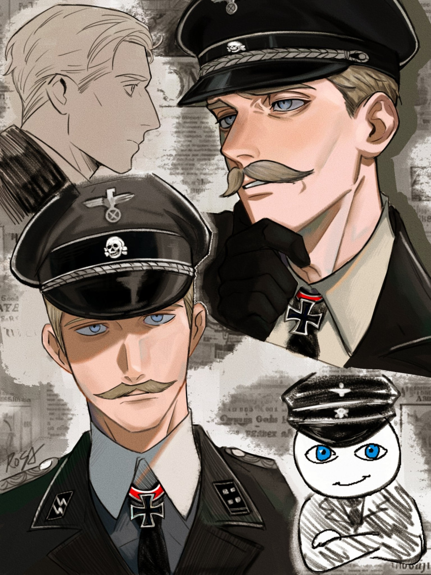 1boy, :|, adam's_apple, artist_name, black_gloves, black_hat, black_jacket, black_necktie