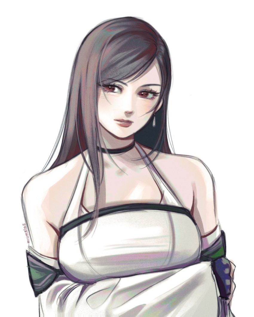 1girl, arm_under_breasts, bare_shoulders, black_choker, black_gloves, black_hair, breasts, choker