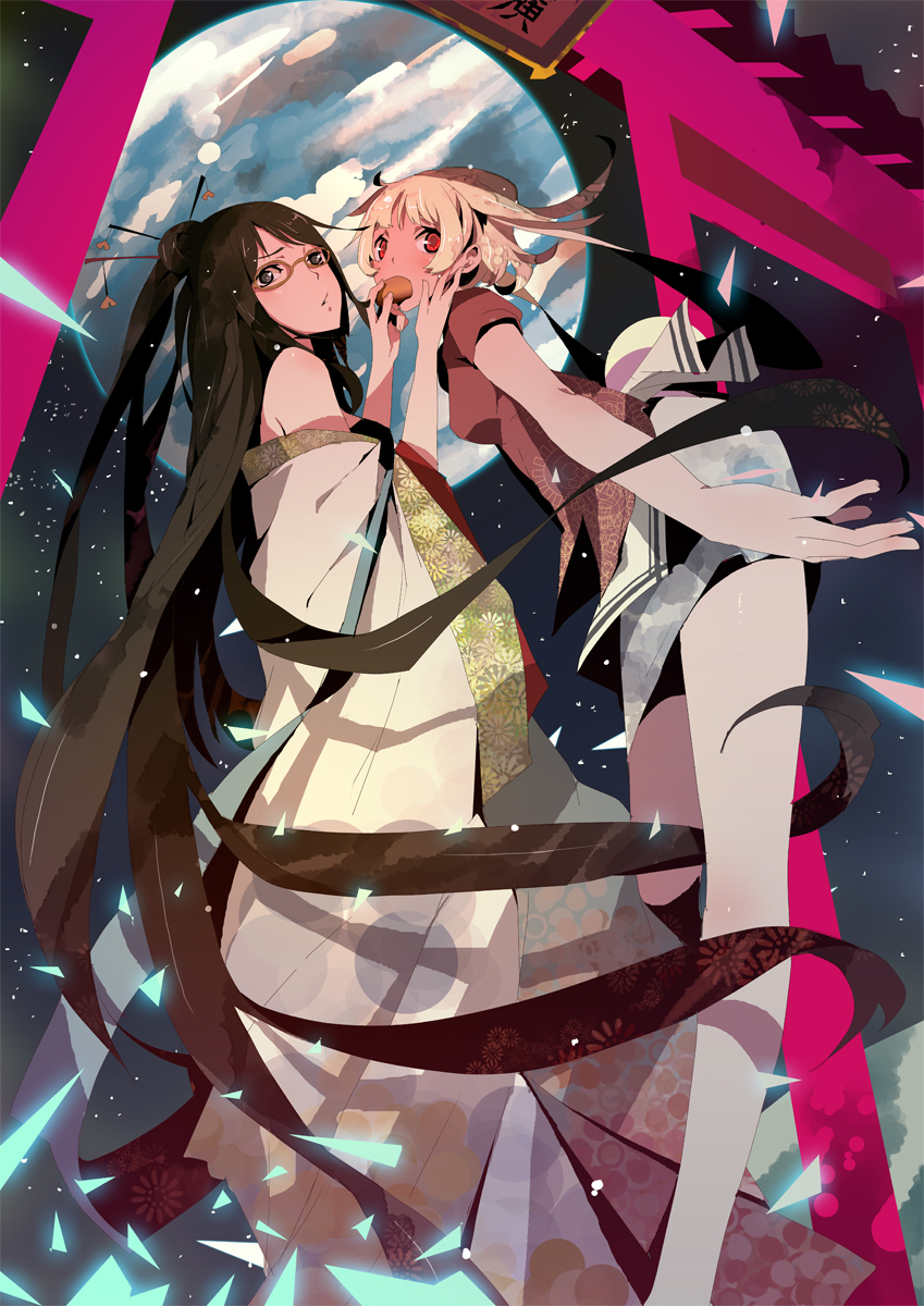 bare_shoulders, black_eyes, black_hair, blonde_hair, chang'e, chinese_clothes, earth, feeding
