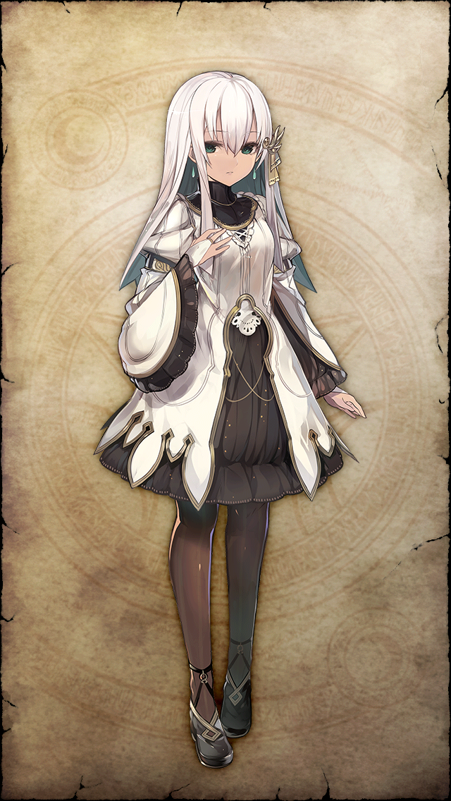 1girl, black_shoes, black_skirt, breasts, bridal_gauntlets, brown_background, brown_pantyhose, curly_(grimms_notes)