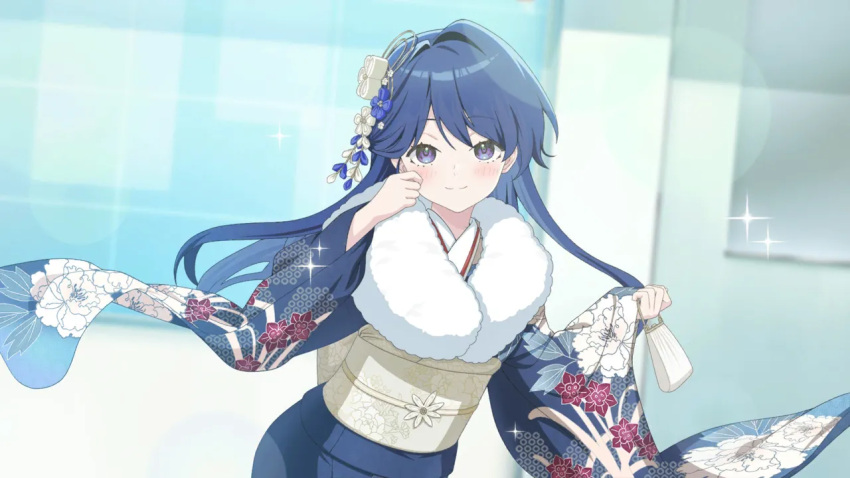 1girl, artist_request, bag, blue_eyes, blue_hair, blue_kimono, closed_mouth, fur-trimmed_kimono