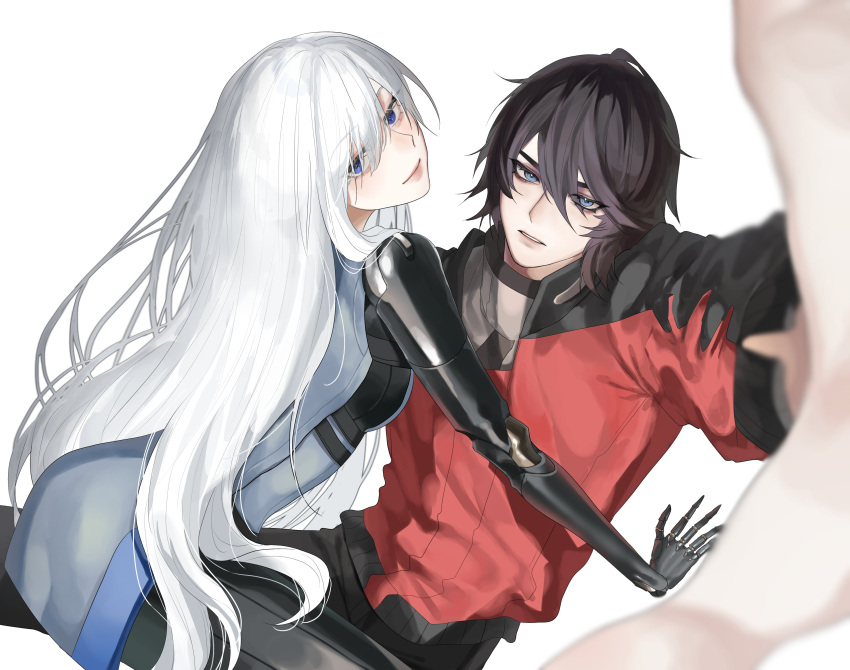 1boy, 1girl, absurdres, ak-12_(girls'_frontline), ak-12_(mod3)_(girls'_frontline), black_hair, black_pants, blue_eyes