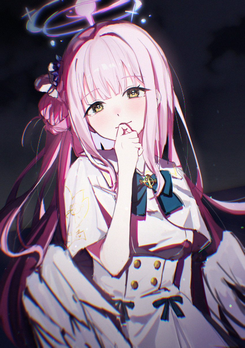 1girl, absurdres, blue_archive, blue_bow, blue_flower, blush, bow, capelet