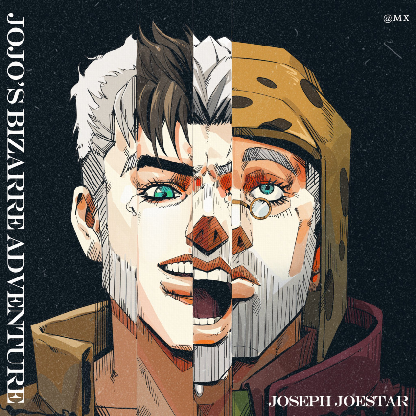 3boys, age_progression, battle_tendency, beard, brown_hair, diamond_wa_kudakenai, evolution, facial_hair, glasses, green_eyes, hat, highres, jojo_no_kimyou_na_bouken, joseph_joestar, joseph_joestar_(old), joseph_joestar_(young), male_focus, max16881, multiple_boys, old, old_man, round_eyewear, spiky_hair, stardust_crusaders, white_hair