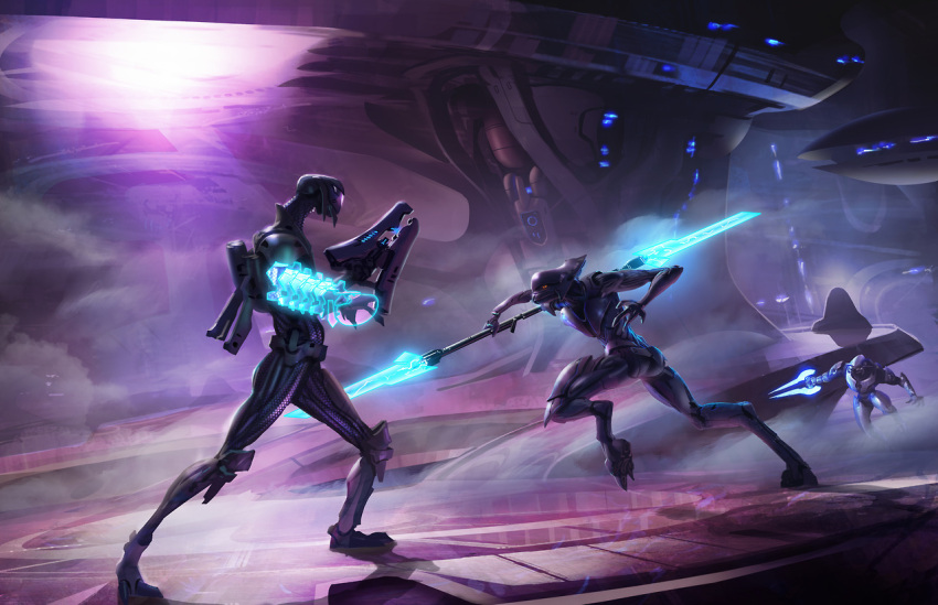1girl, 2boys, alien, armor, assault_visor, battle, black_bodysuit, bodysuit, energy_barrier, energy_blade, energy_gun, energy_shield, energy_spear, energy_sword, energy_weapon, facing_another, fighting_stance, full_armor, glowing, halo_(series), halo_mythos, helmet, holding, holding_energy_gun, holding_polearm, holding_sword, holding_weapon, isaac_hannaford, knee_armor, multiple_boys, orange_eyes, plasma_rifle, polearm, power_armor, purple_armor, purple_assault_visor, purple_helmet, purple_light, reflective_assault_visor, san'shyuum, sangheili, science_fiction, shadow, spear, standing, sword, tem'bhetek, tul_'juran, type-1_energy_sword, weapon, white_armor