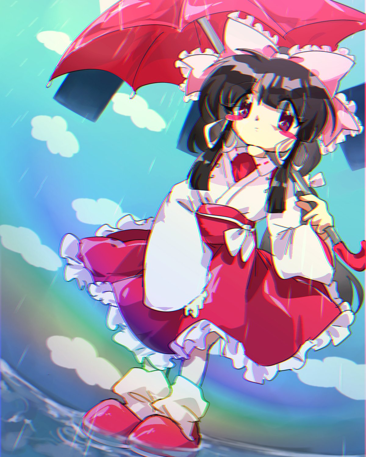 1girl, alternate_costume, black_hair, blush_stickers, bow, chromatic_aberration, commentary, dutch_angle