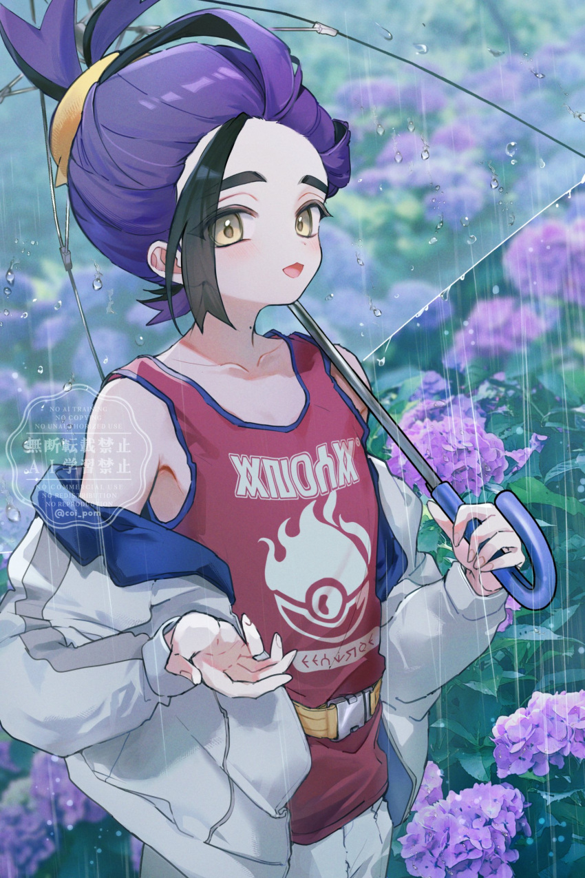 1boy, absurdres, black_hair, coi_pom, commentary, day, flower, highres