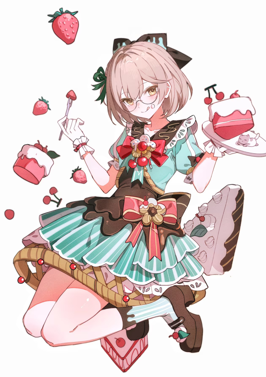 1girl, :q, bare_legs, black_bow, black_shoes, bow, brown_hair, cake