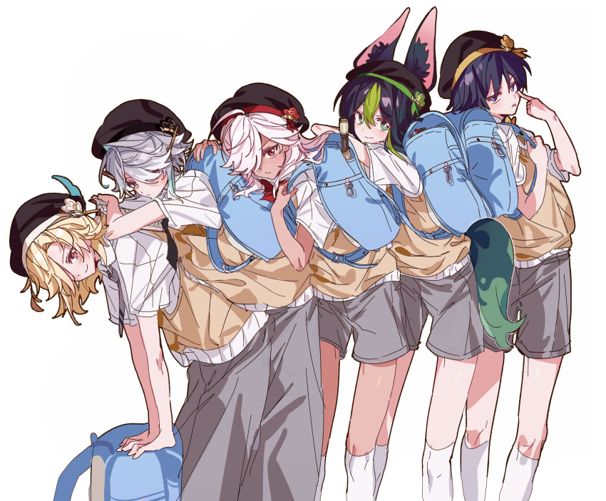 5boys, absurdres, akanbe, alhaitham_(genshin_impact), alternate_costume, animal_ears, ankake9yakisoba, backpack