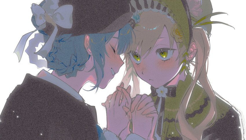 2girls, b_(xhs_5968773874), backlighting, black_ribbon, blonde_hair, blue_hair, blush, bonnet