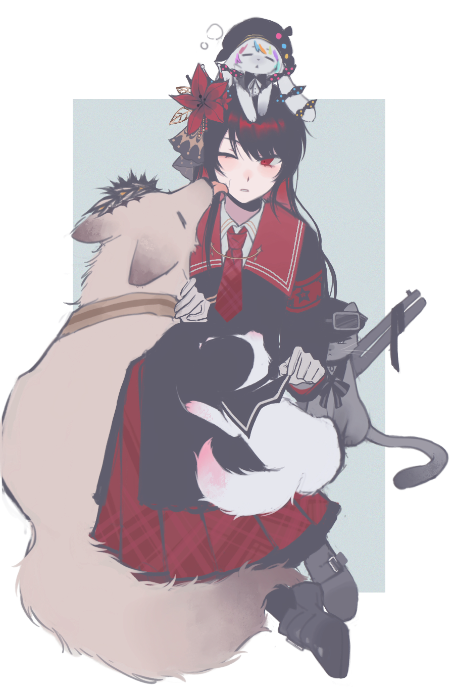 1girl, animal, animal_on_head, animalization, b_(xhs_5968773874), black_hair, black_shirt, black_skirt