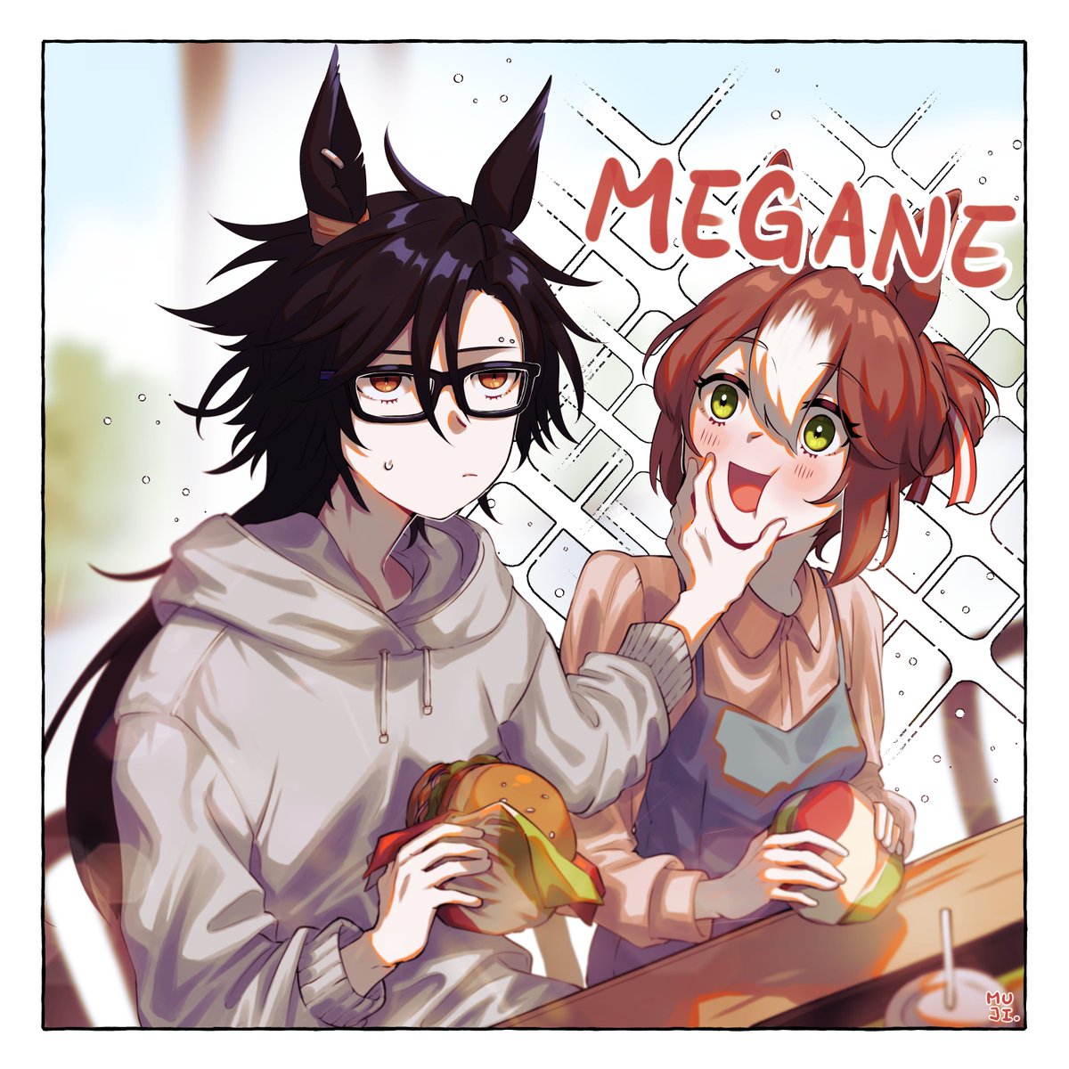2girls, air_shakur_(umamusume), animal_ear_piercing, animal_ears, black-framed_eyewear, black_hair, blue_dress, blush, bright_pupils, brown_hair, brown_shirt, burger, chair, collared_shirt, cup, disposable_cup, dress, ear_ornament, eating, eyebrow_piercing, face_piercing, fine_motion_(umamusume), food, food_wrapper, glasses, grabbing_another's_face, green_eyes, grey_hoodie, hair_bun, head_grab, highres, holding, holding_burger, holding_food, hood, hoodie, horse_ears, horse_girl, long_hair, medium_hair, mujintou_png, multiple_girls, notched_ear, open_mouth, orange_hair, parted_bangs, piercing, romaji_text, sanpaku, shirt, single_hair_streak, sitting, sparkle, sparkling_aura, sweatdrop, translated, umamusume, white_pupils, wrapped_burger