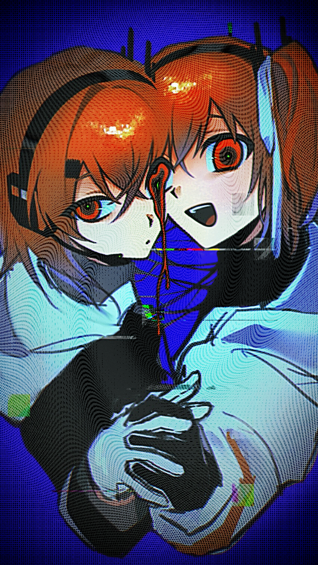 2girls, a.i._voice, adachi_rei, b_(xhs_5968773874), black_shirt, blue_background, cheek-to-cheek, closed_mouth
