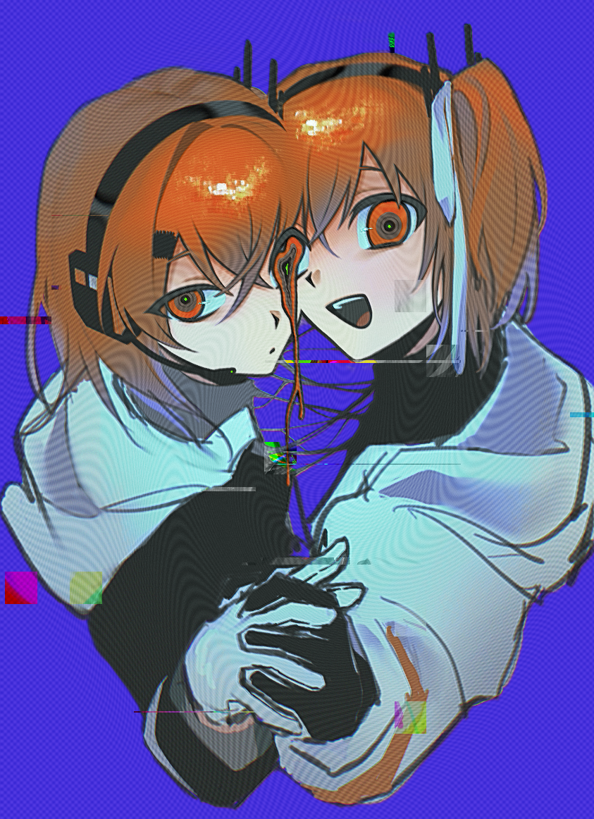 2girls, a.i._voice, adachi_rei, b_(xhs_5968773874), black_shirt, blue_background, cheek-to-cheek, closed_mouth, commentary, dual_persona, glitch, gloves, hair_ribbon, heads_together, headset, holding_hands, interlocked_fingers, jacket, long_sleeves, looking_at_viewer, melting_eyes, multiple_girls, one_side_up, open_clothes, open_jacket, open_mouth, orange_hair, radio_antenna, red_eyes, ribbon, shirt, smile, untranslatable_commentary, upper_body, utau, white_gloves, white_jacket, white_ribbon
