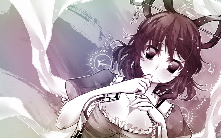 :<, akao, blush, breast_press, breasts, dutch_angle, frills, gradient