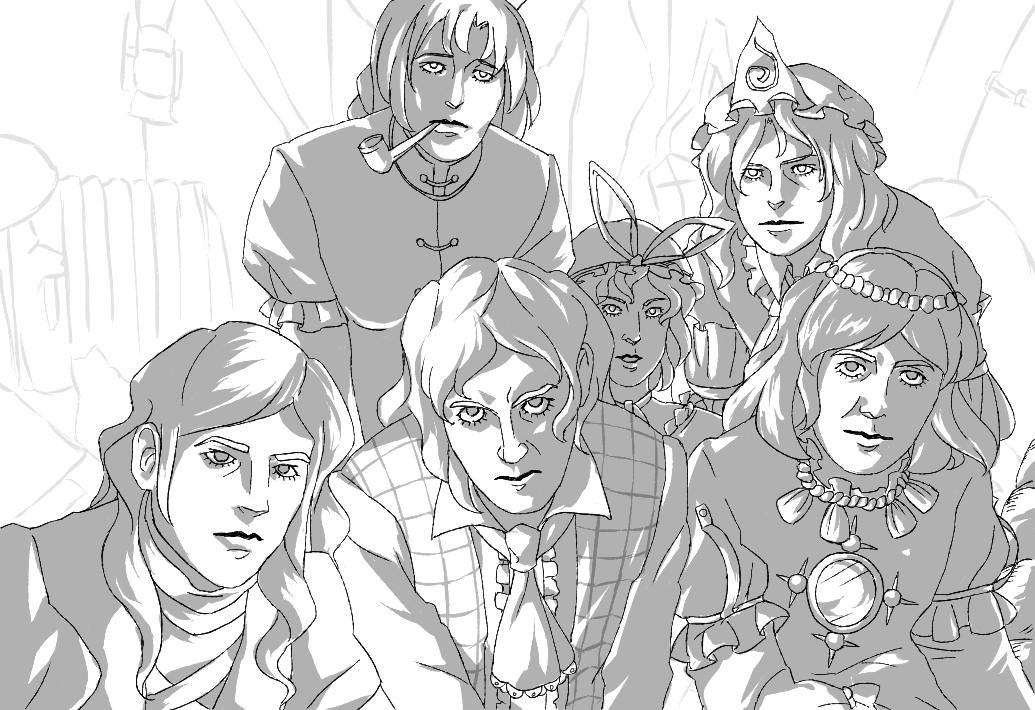 eric_idle, graham_chapman, hat, hijiri_byakuren, john_cleese, kazami_yuuka, long_hair, michael_palin, monochrome, monty_python, necktie, parody, pipe, saigyouji_yuyuko, short_hair, smoking, terry_gilliam, terry_jones, touhou, yagokoro_eirin, yakumo_yukari, yasaka_kanako, youkai