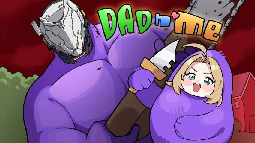 1boy, 1girl, absurdres, blonde_hair, bodysuit, bush, chainsaw, child, crossover, dad_'n_me, diana_(pragmata), grey_eyes, hellk111, helmet, highres, holding, holding_knife, house, knife, looking_at_viewer, mask, medium_hair, muscular, muscular_male, open_mouth, outdoors, pragmata, purple_bodysuit, smile, standing, teeth, upper_teeth_only