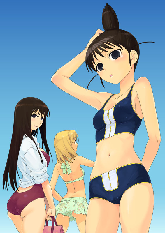 ass, bikini, blush, breasts, genshiken, kasukabe_saki, long_hair, multiple_girls, ogiue_chika, one-piece_swimsuit, oono_kanako, shirt, swimsuit, tamaki_tada