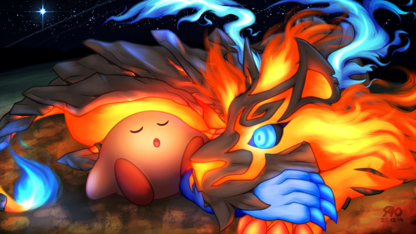 artist_logo, blue_eyes, blue_fire, claws, closed_eyes, commentary_request, fire, flame-tipped_tail