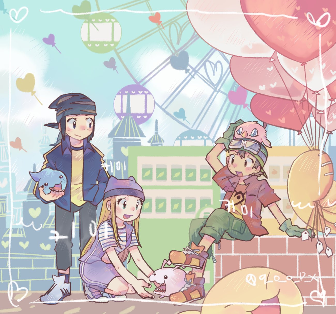 amusement_park, balloon, chicomon, commentary_request, digimon, digimon_(creature), digimon_frontier, ferris_wheel