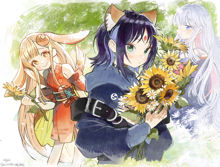 3girls, animal_ear_fluff, animal_ears, artist_name, belt, black_choker, blonde_hair, blue_eyes