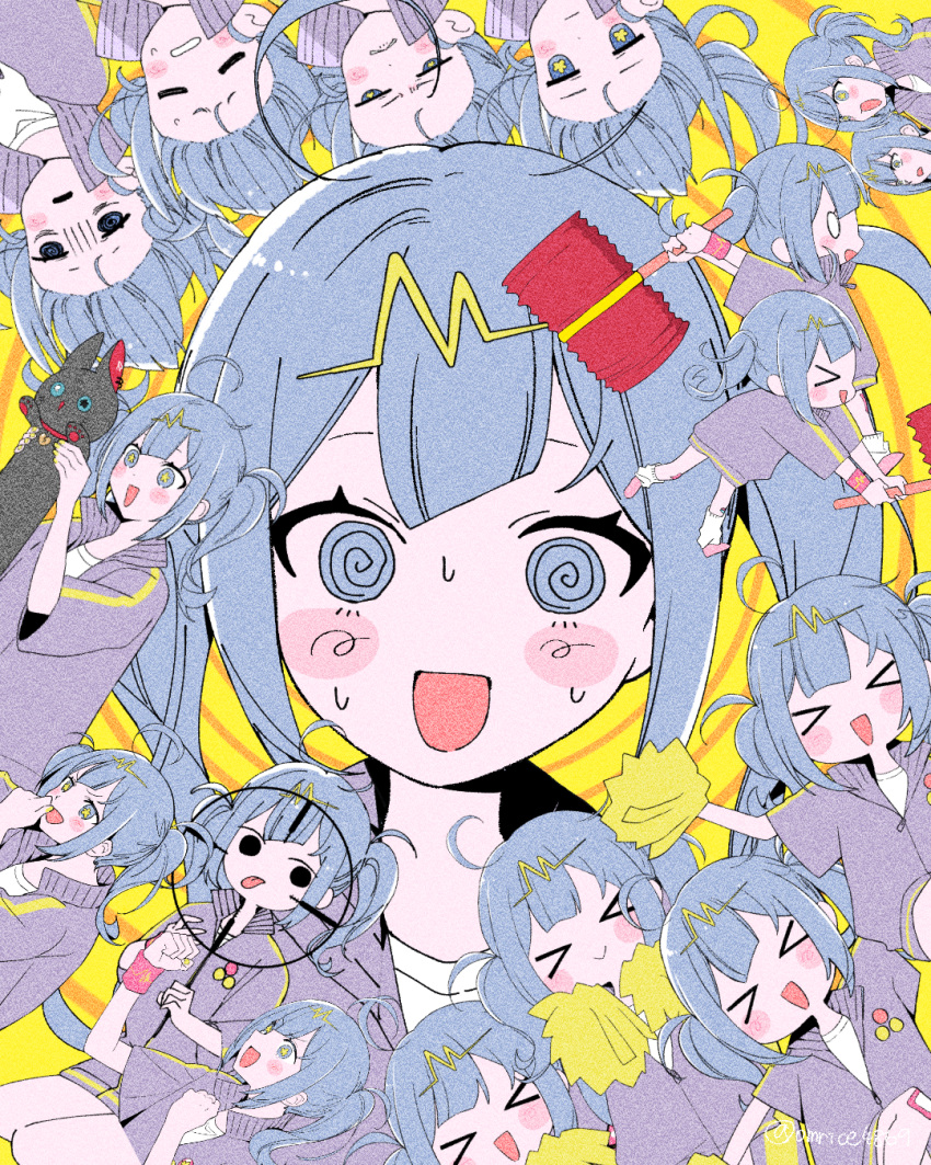 >_<, 1girl, @_@, ahoge, animal, blue_eyes, blue_hair, blush_stickers