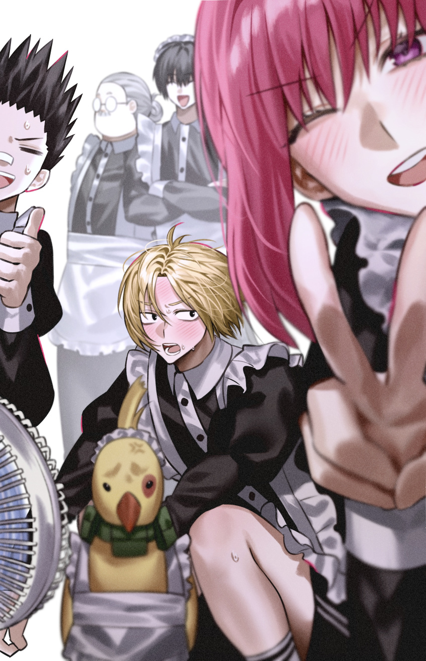 1girl, 4boys, =_=, absurdres, anger_vein, apron, arms_behind_back, bandaid