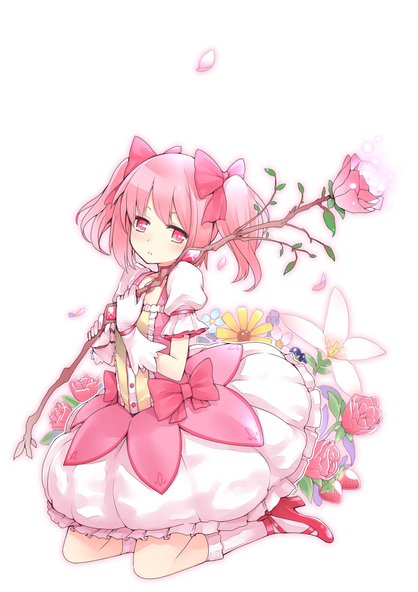 bow, bow_(weapon), bubble_skirt, floral_background, flower, food, fruit, gloves
