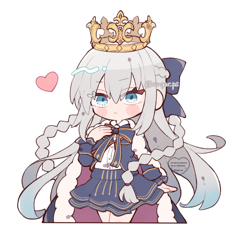 1girl, artist_name, black_bow, blue_eyes, bow, braid, commentary_request, crown