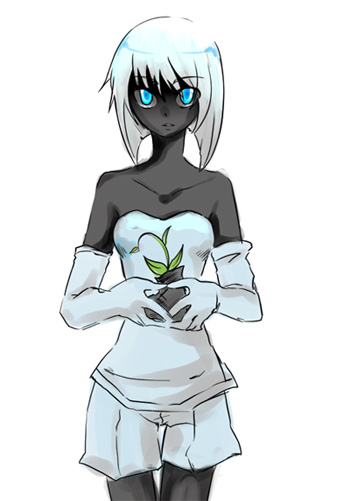 black_skin, blue_eyes, collarbone, dark_skin, elbow_gloves, eve_(wall-e), gloves, holding