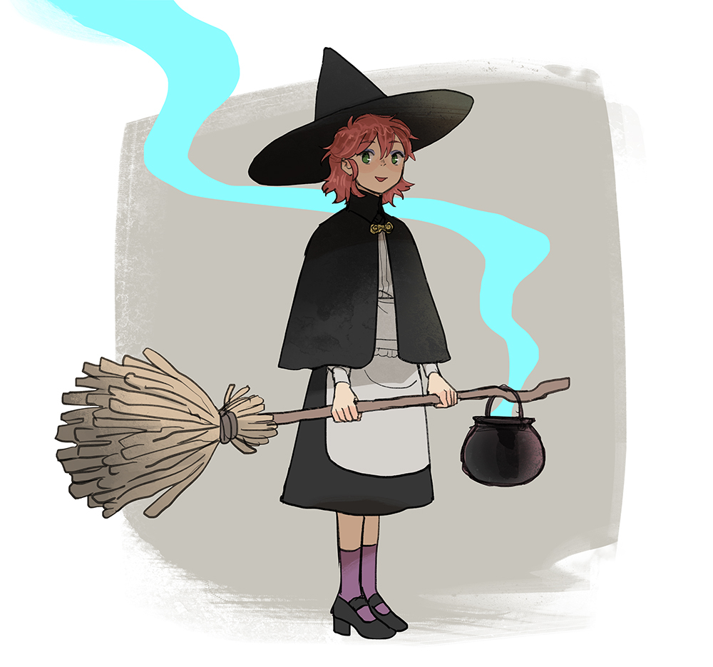 1girl, apron, black_capelet, broom, capelet, cauldron, full_body, green_eyes