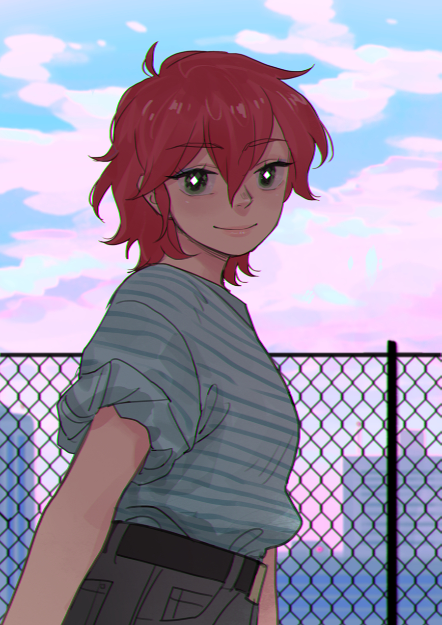 1girl, belt, closed_mouth, commentary, english_commentary, eyelashes, fence, green_eyes