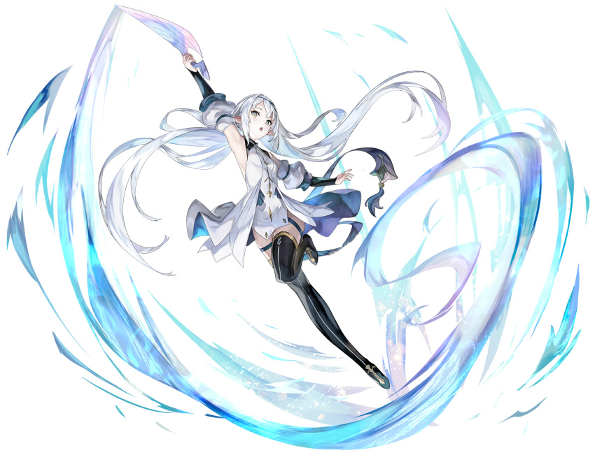1girl, another_eden, another_eden_art_team, arm_up, boots, breasts, colored_skin, dress