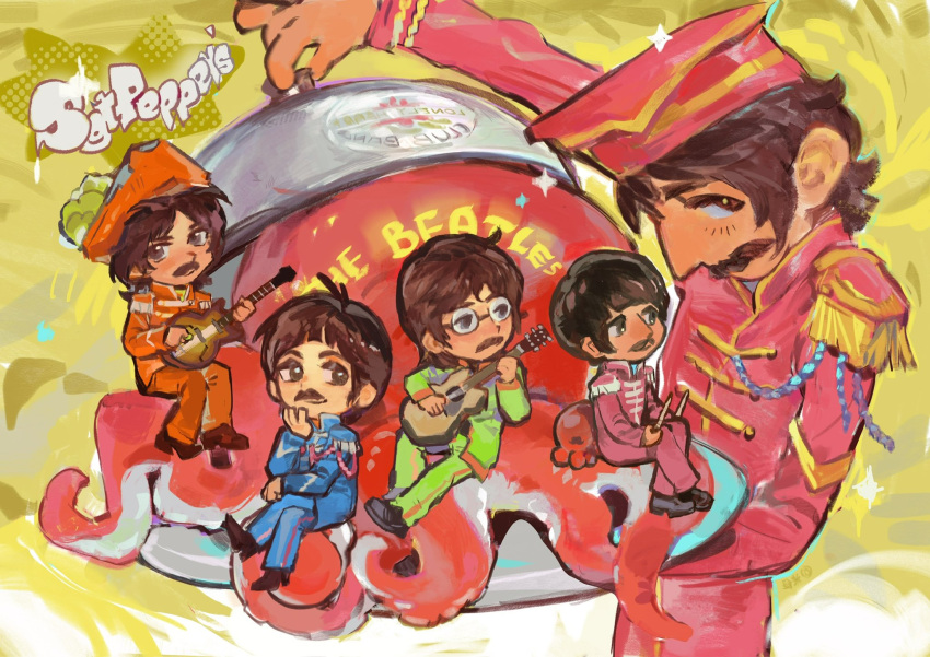 5boys, blue_jacket, brown_eyes, brown_hair, commentary, crossed_legs, drumsticks, electric_guitar