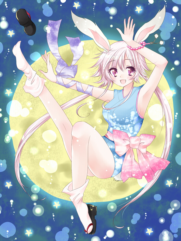 armpits, bow, bracelet, bunny_ears, footwear, full_moon, japanese_clothes, jewelry, kimono, leg_up, long_hair, moon, open_mouth, original, outstretched_arm, purple_eyes, purple_hair, ribbon, short_kimono, single_shoe, smile, smina, socks, solo, twintails, violet_eyes