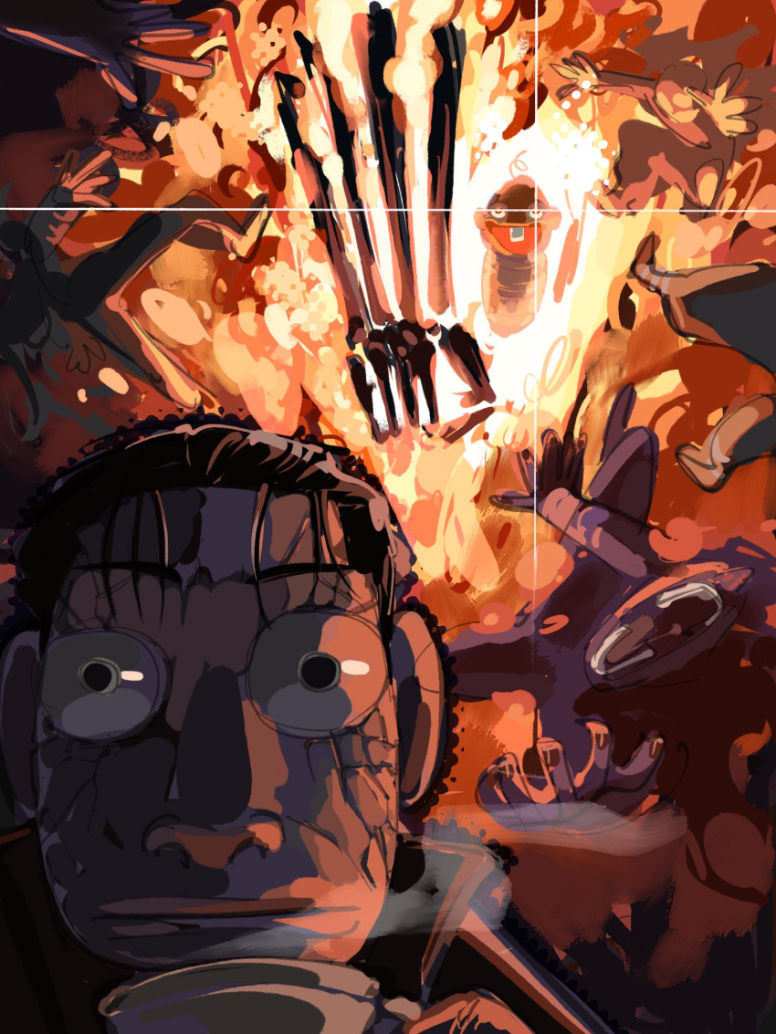 1boy, 1girl, 5others, aged_down, ariu_mikaboshi, baby, black_eyes, commentary, cracked_skin, cup, drinking, ecnallav, english_commentary, fire, giant_skeleton, highres, kagari_hiyuki, kagurabachi, male_focus, multiple_others, short_hair, single_tooth, skeleton, teacup, wide-eyed