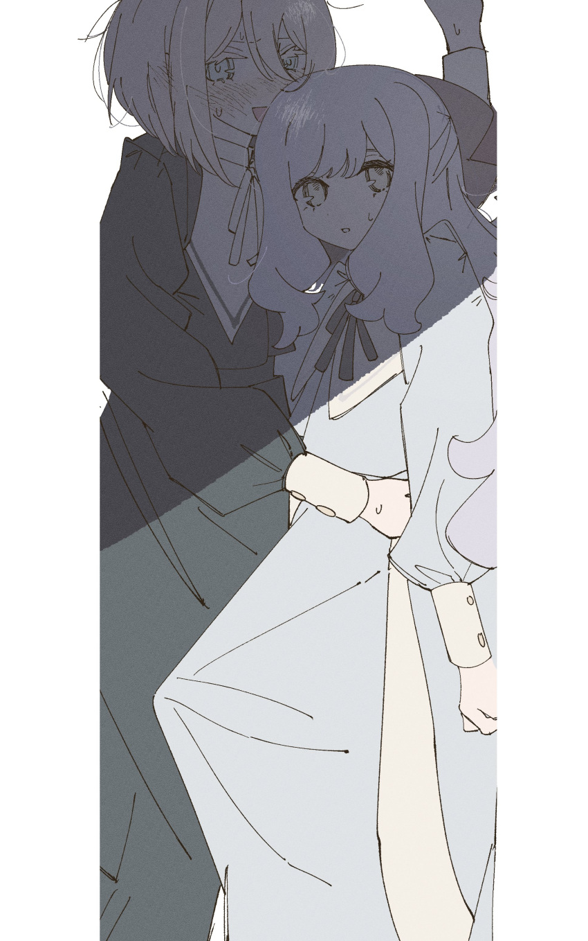 2girls, absurdres, black_dress, blonde_hair, blue_dress, blue_hair, blush, bob_cut