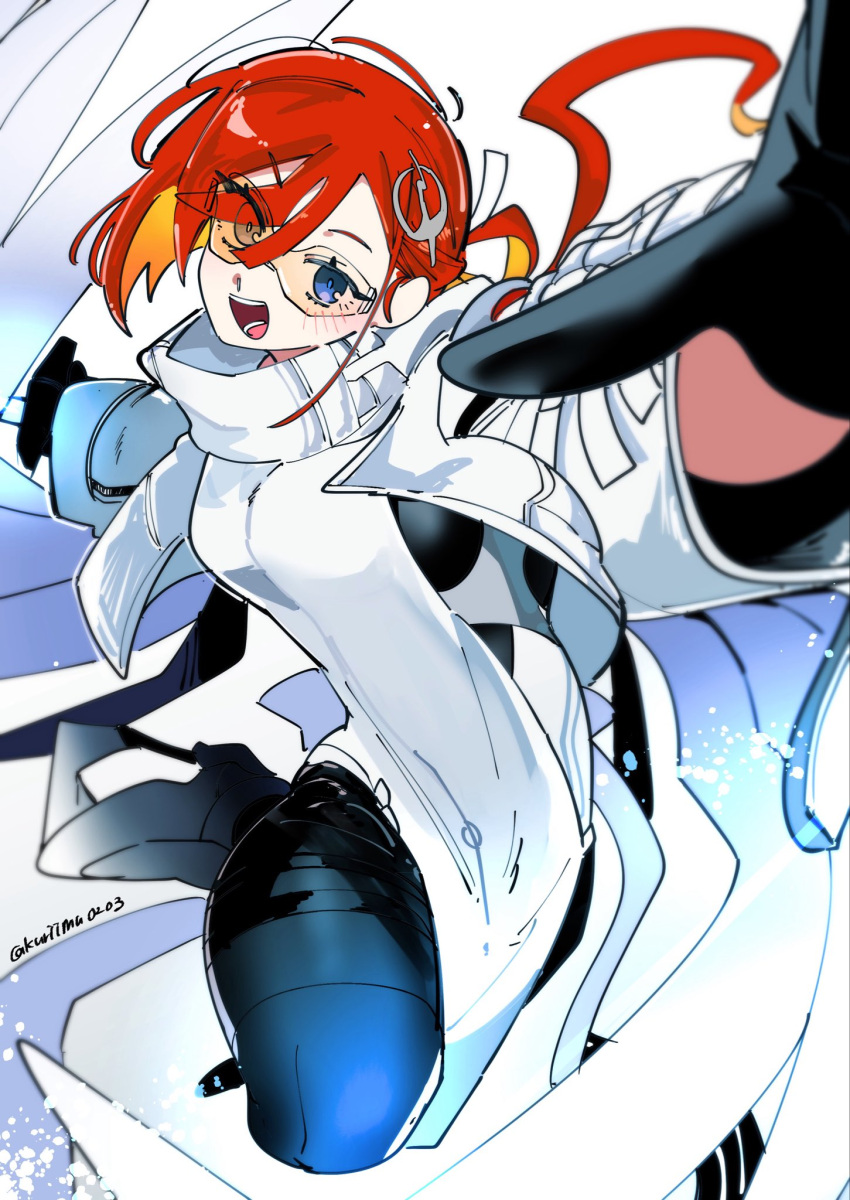 1girl, black_bodysuit, black_gloves, blue_eyes, blush, bodysuit, breasts, commentary_request