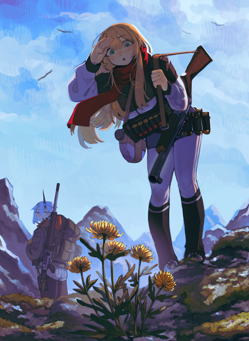 2girls, absurdres, ammunition, backpack, bag, bendit, blonde_hair, blue_hair, canteen, dandelion, dot_nose, elena_deheart_woo_(bendit), flower, gun, highres, hiking, horns, jacket, leggings, long_hair, looking_at_flowers, looking_back, moss, mountain, multiple_girls, original, outdoors, red_scarf, rifle, scarf, shotgun, shotgun_shell, single_horn, sky, standing, veronica_(bendit), weapon, white_leggings, yellow_flower
