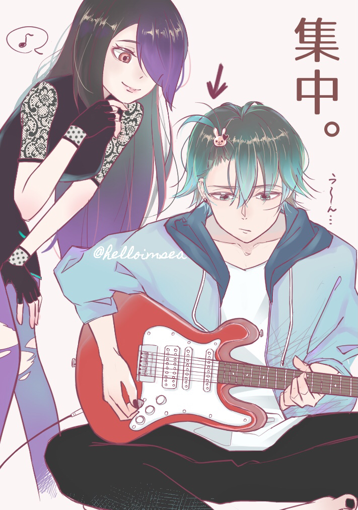 1boy, 1girl, amused, arrow_(symbol), black_dress, black_hair, black_pants, blue_eyes
