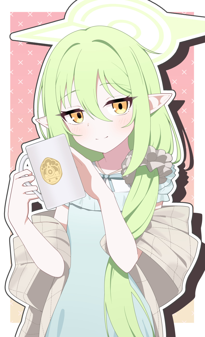 1girl, absurdres, blue_archive, blue_dress, blush, closed_mouth, commentary_request, cup, dress, frilled_dress, frills, green_hair, hair_between_eyes, hair_over_shoulder, halo, hands_up, highres, holding, holding_cup, long_hair, low_ponytail, mug, nozomi_(blue_archive), nozomi_(kujibikido)_(blue_archive), orange_eyes, outline, pointy_ears, ponytail, puffy_short_sleeves, puffy_sleeves, shawl, short_sleeves, smile, solo, sprout_(haji_s), very_long_hair, white_outline