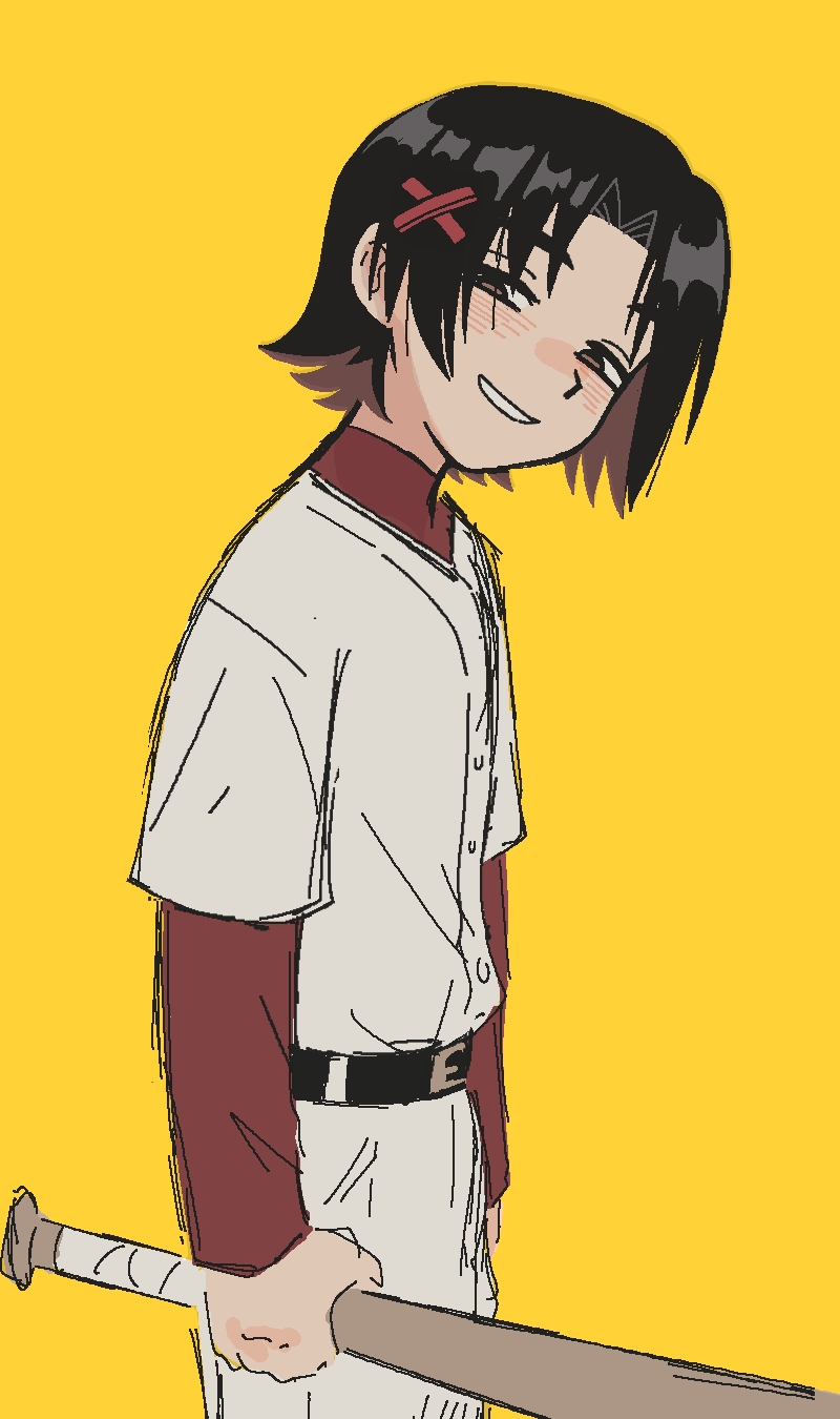 1boy, baseball_bat, black_hair, borrego_tan, brown_eyes, cowboy_shot, hair_ornament, highres