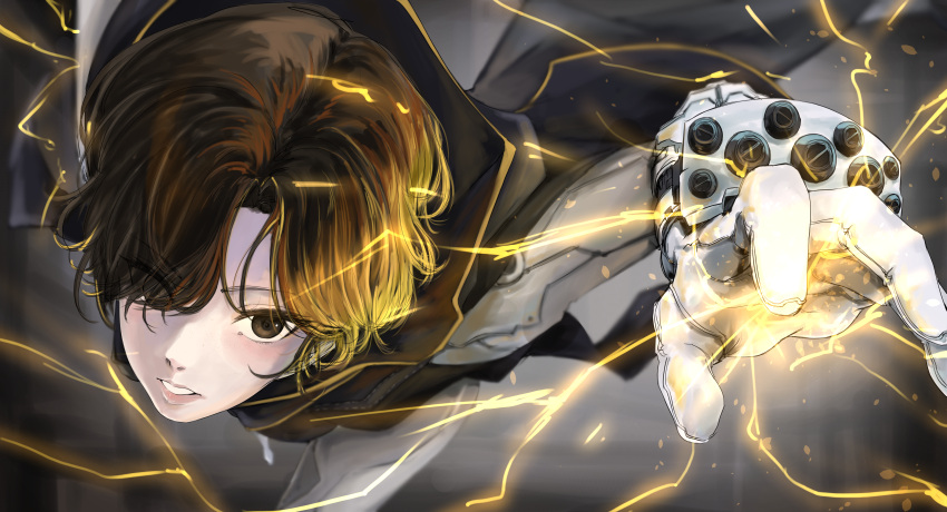 1girl, absurdres, black_cloak, bodysuit, brown_eyes, brown_hair, cloak, commentary